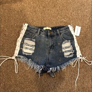 Lace up jean shorts